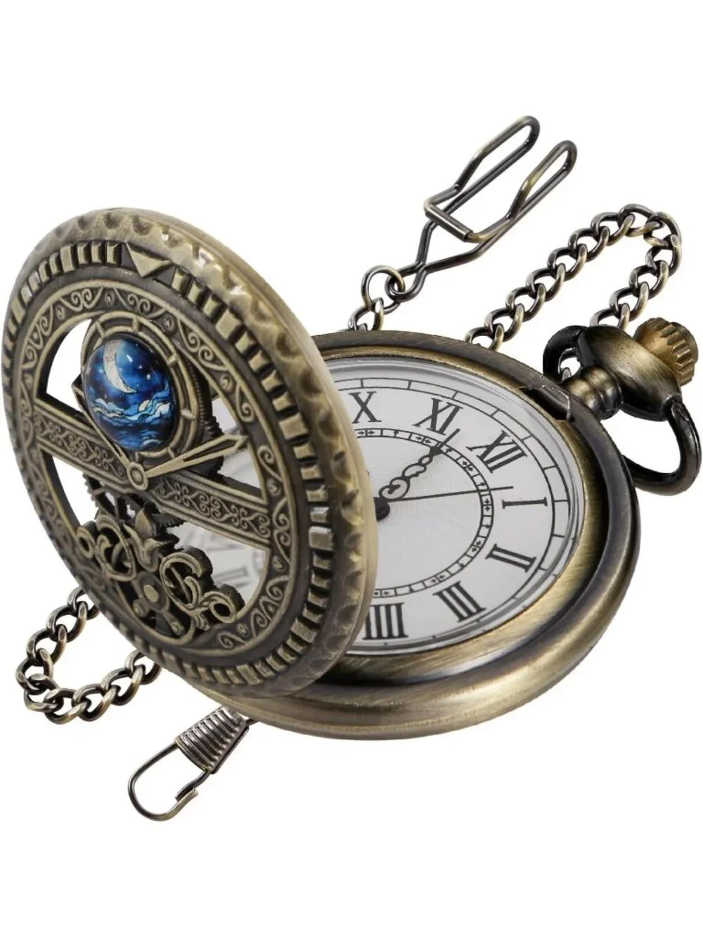 Men's Brown And Gold Analog Quartz Arabic Numeral Moon Phase Chain Pocket Watch